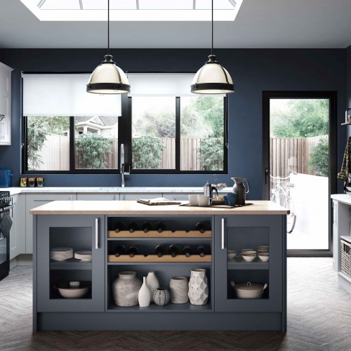 Blue and grey kitchen with Island