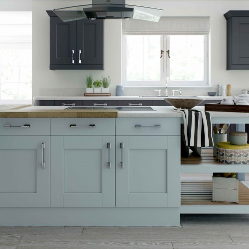 Light blue and black kitchen with white worktops