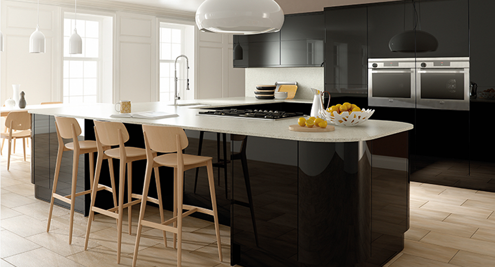Glossy black kitchen with grey worktops