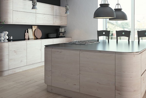 Wooden kitchen with black worktops and Island