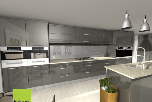 shiny grey kitchen with white worktops