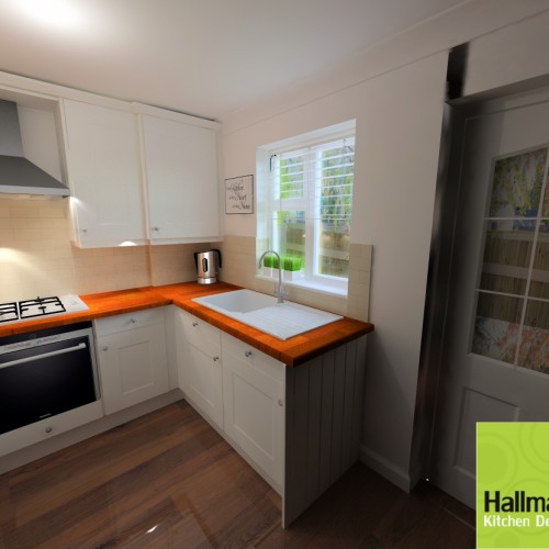 white kitchen with orange worktops