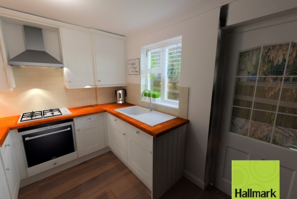 white kitchen with orange worktops