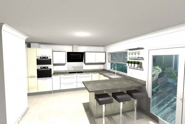 grey kitchen with white cupboard doors