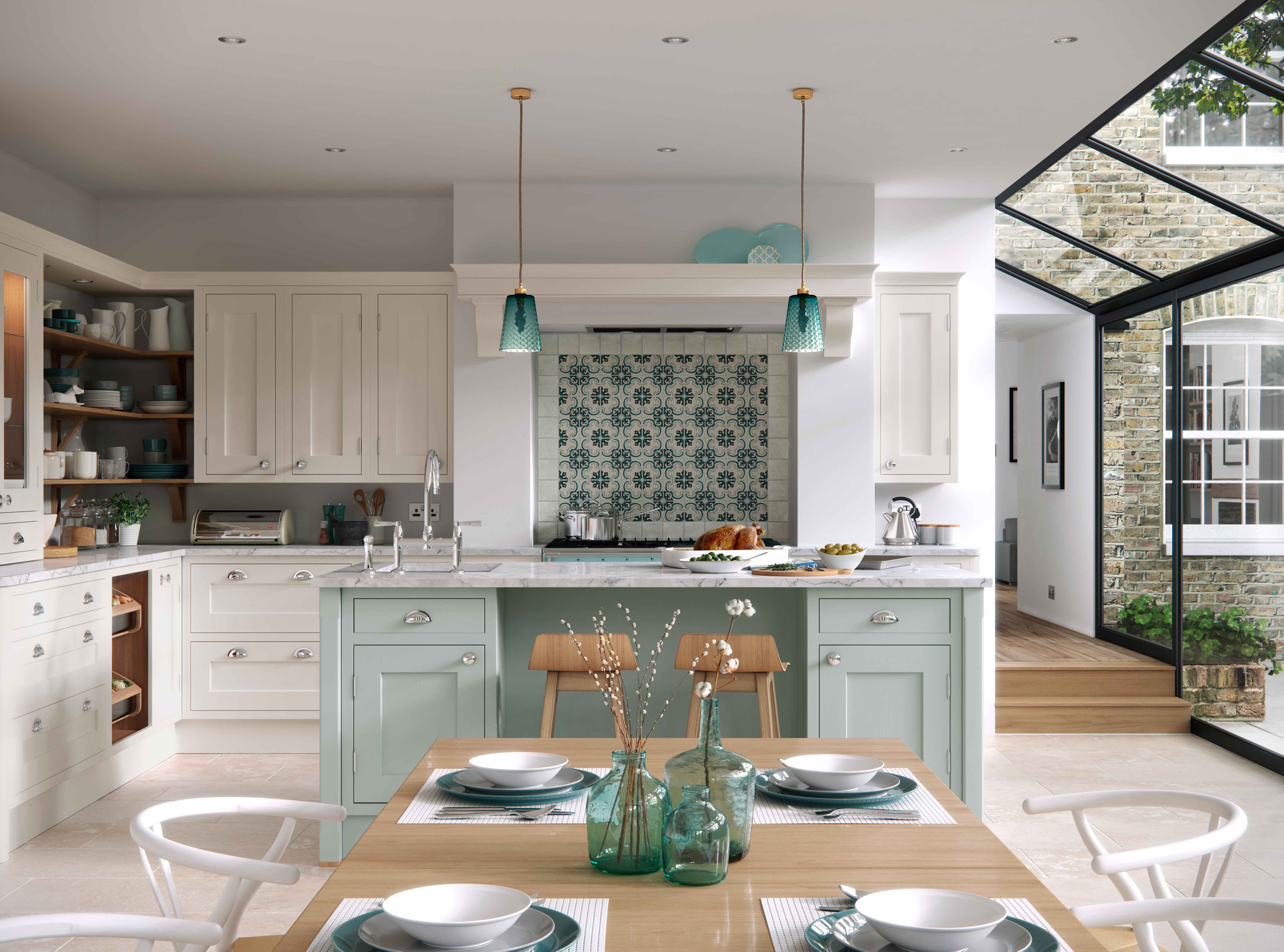 kitchen with green and white cupboards
