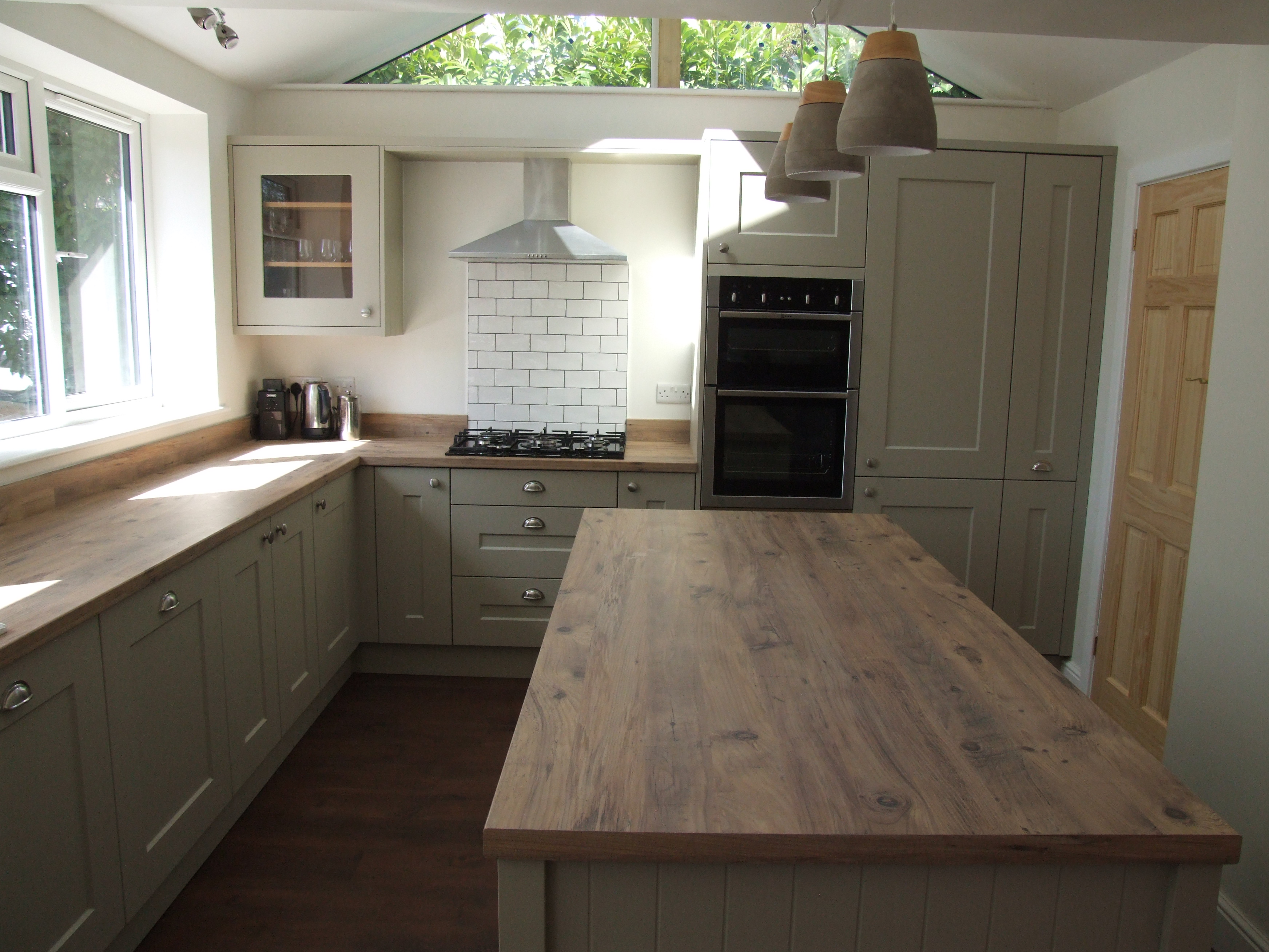 Grey shaker Kitchen with wooden worktops