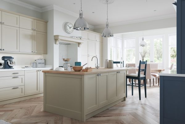 Grey kitchen with wooden worktops