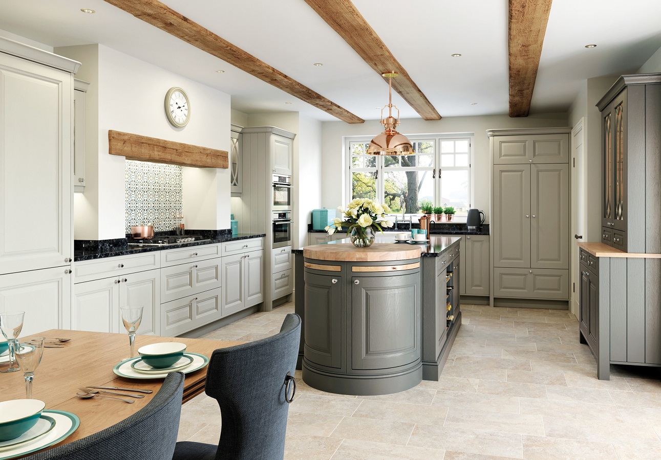 Stone gunmetal grey and oak kitchen