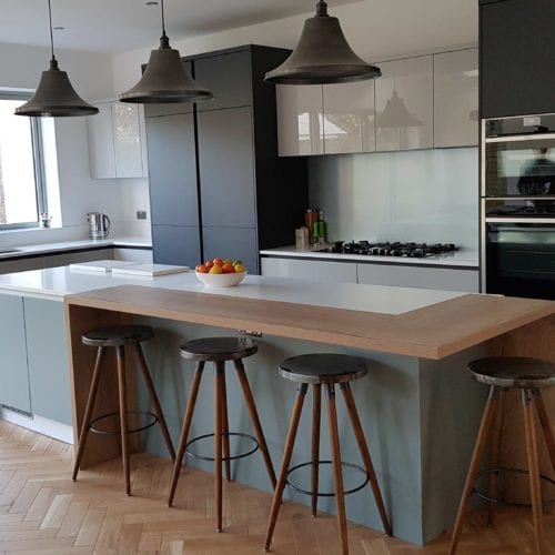 German handleless ultragloss light grey super Matt graphite kitchen