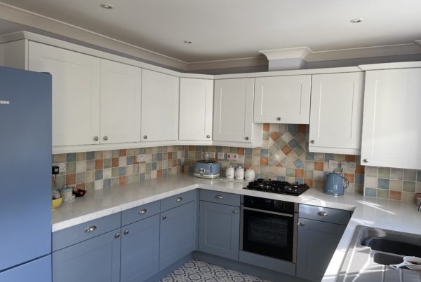grey kitchen with white cupboards